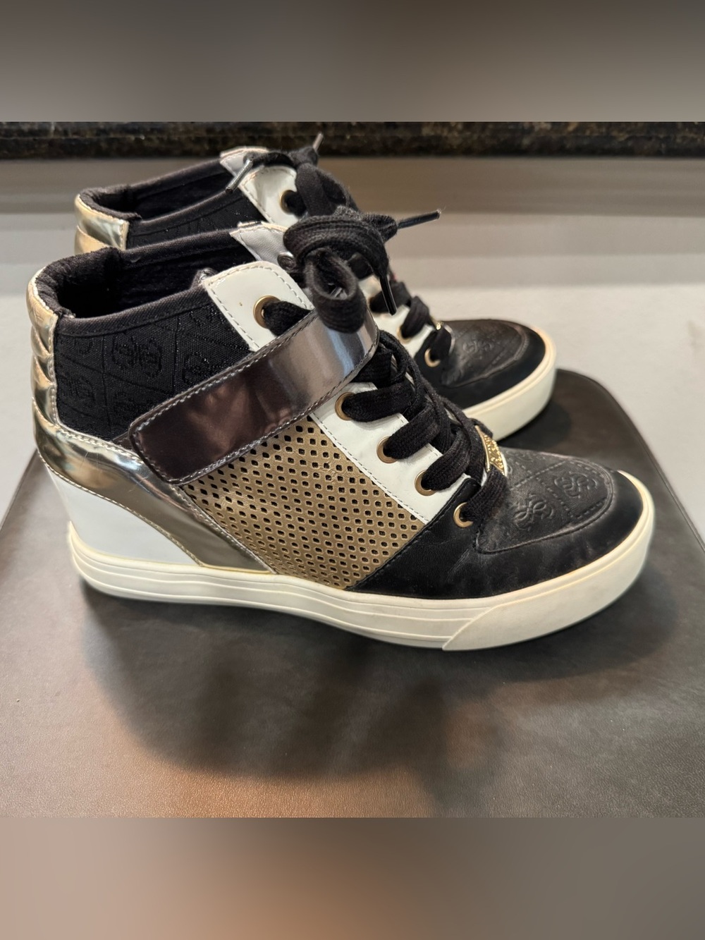 Guess Black and Gold Wedge High-Top Sneakers